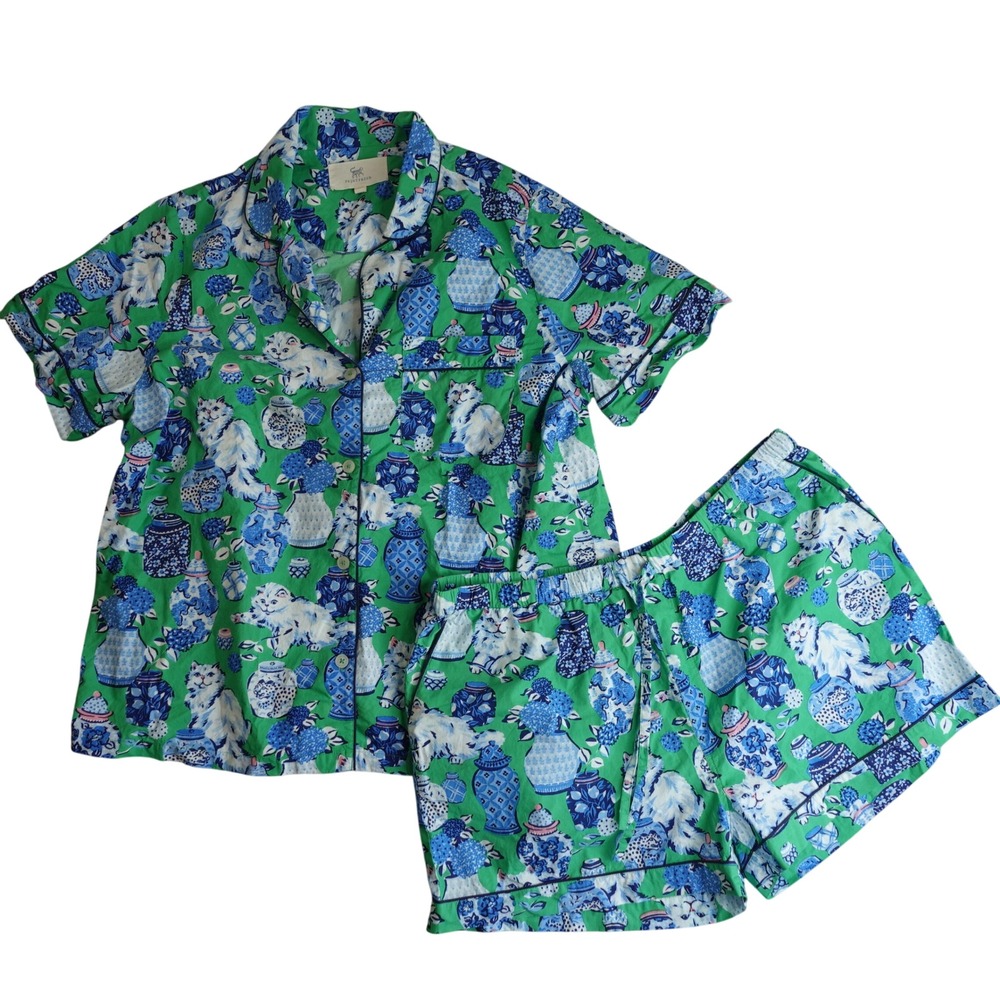 Printfresh Bagheera Fancy Cat Pajama Set Womens L Green Cotton Shorts Ginger Jar